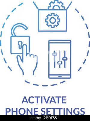Activate phone settings blue concept icon. Unlock screen. Customize mobile menu. Smartphone interface control. Roaming idea thin line illustration Stock Vector