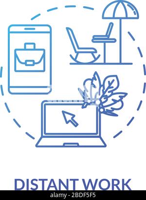 Distant work blue concept icon. Wi fi abroad. Freelance with laptop. Wireless connection. Outsource while on vacation. Roaming idea thin line Stock Vector