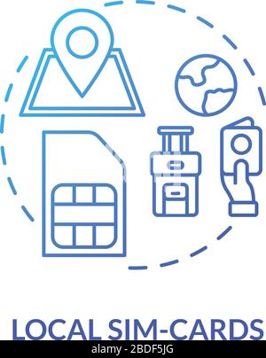 Local sim-card blue concept icon. Mobile operator. Internet tariff for phone. International connection. 4g microchip. Roaming idea thin line Stock Vector