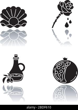 Cosmetic ingredient drop shadow black glyph icons set. Pearl in oyster shell. Rose extract. Olive oil. Sliced pomegranate. Korean beauty. Isolated Stock Vector