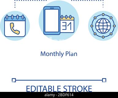 Monthly plan concept icon. Telecommunication, roaming, unlimited Internet and calls prepaid tariff idea thin line illustration. Vector isolated Stock Vector