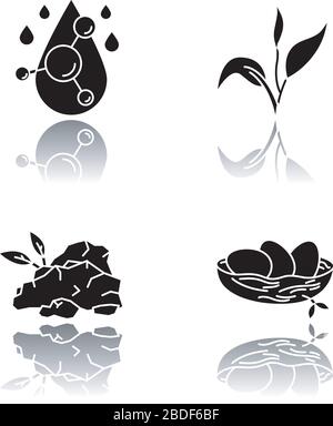 Cosmetic ingredient drop shadow black glyph icons set. Hyaluronic acid. Birds nest. Skincare treatment. Organic component for exfoliation. Korean Stock Vector