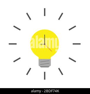 Glowing light bulb clock icon, vector illustration in flat color. Stock Vector