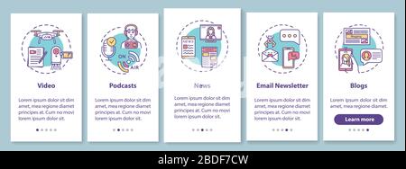 Digital content creation onboarding mobile app page screen with concepts. Blogging and podcasting walkthrough 5 steps graphic instructions. UI vector Stock Vector
