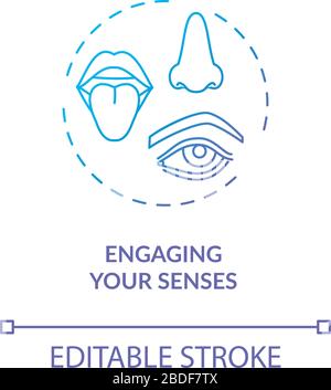 Engaging your senses concept icon. Mindful eating idea thin line illustration. Savoring meal. Paying attention to food taste, look and smell. Vector Stock Vector