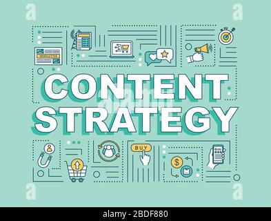 Content strategy word concepts banner. Trendy SMM techniques in digital marketing. Infographics with linear icons on green background. Isolated Stock Vector