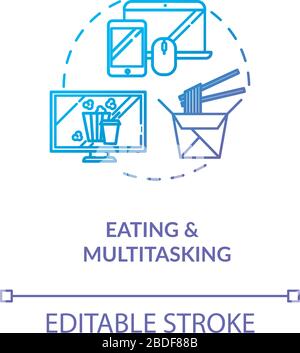 Eating and multitasking concept icon. Conscious nutrition, binge eating idea thin line illustration. Mindless food consumption. Vector isolated Stock Vector