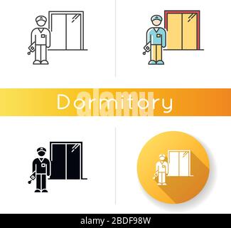 Night dorm watchman icon. College dormitory janitor. Security guard. Hotel security. Warden. Linear black and RGB color styles. Linear, black and RGB Stock Vector