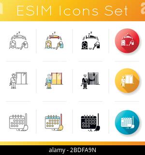 Renting hotel room icons set. Security guard, warden. Living accommodations. Cleaning schedule. Cleanliness control. Linear, black and RGB color Stock Vector