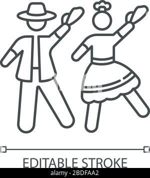 Marinera pixel perfect linear icon. Peruvian traditional couple dance. Man and woman dancers. Thin line customizable illustration. Contour symbol Stock Vector