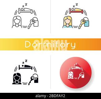 Renting hotel room icon. Booking sleeping accommodation. Housing facility. Female client. Linear black and RGB color styles. Linear, black and RGB Stock Vector