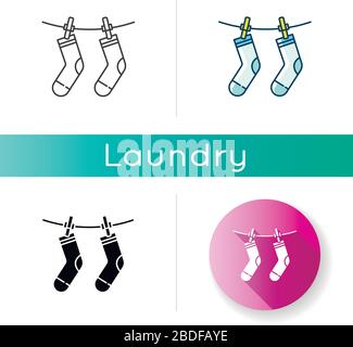 Outside drying icon. Laundry, clothesline, outdoors clothes drying. Socks hanging on clothesline, clean clothing, washed garment. Linear black and RGB Stock Vector