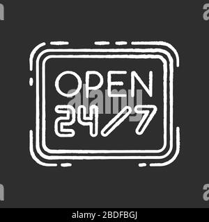 Open 24 7 hours chalk white icon on black background. Twenty four seven store. Hanging retail sign. Signage for 24 hrs shop. Supermarket signboard Stock Vector