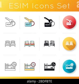 Rent service icons set. Communal space. Living accommodations. Hostel, hotel. Shared room. Common bedroom. University campus. Linear, black and RGB Stock Vector