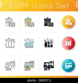 College campus icons set. Gym lockers. University storage closets. Family dormitory. Shared room. Common bedroom. Public library. Linear, black and Stock Vector