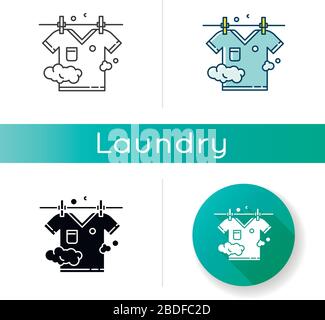 Outdoor drying icon. Laundry, clothesline, outside clothes drying. T-shirt hanging on rope, clean summer clothing, washed garment. Linear black and Stock Vector