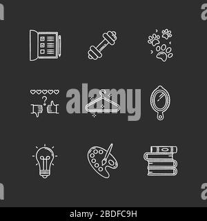 Lifestyle chalk white icons set on black background. List for work. Sport activities. Pet paws print. Review rate. Glowing light bulb. Creative hobby Stock Vector