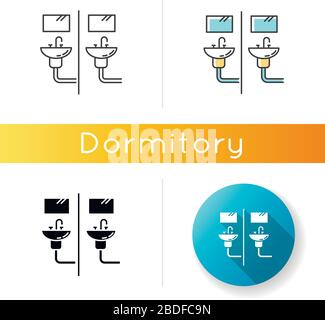 Communal bathroom icon. Bathing arrangement. Common washbasins. Shared bath. Dormitory conditions. Linear black and RGB color styles. Linear, black Stock Vector