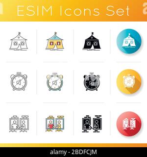 Travelling facilities icons set. Camping site. Marquee tent. Living accommodation. Neighborhood. Dormitory neighbors. Quiet hours. Linear, black and Stock Vector