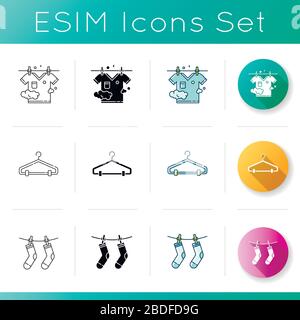 Laundry and clothes drying service icons set. Hanger and clothesline, clean socks and t-shirt, washed garment outdoor drying. Linear, black and RGB Stock Vector