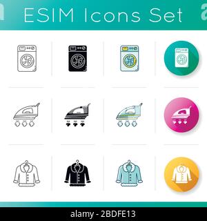 Laundry, clothes care icons set. Delicate fur dry cleaning and ironing. Washing machine and steam iron, household appliances. Linear, black and RGB Stock Vector