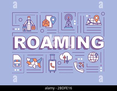 Roaming word concepts banner. Wireless telecommunication, network service. Infographics with linear icons on purple background. Isolated typography Stock Vector