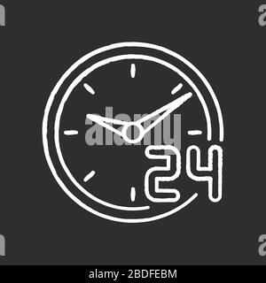 Around the clock service chalk white icon on black background. 24 7 hour customer support. Circle watch dial badge. Twenty four seven hours commerce Stock Vector