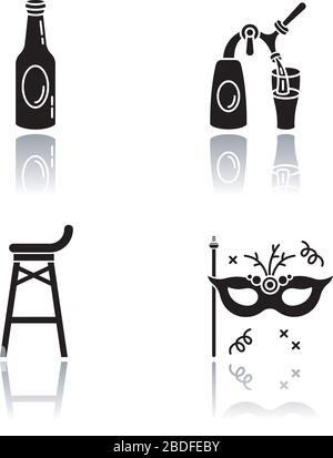 Entertainment venue drop shadow black glyph icons set. Recreation in pub, night club theme party. Beer bottle and tap, bar stool and masquerade mask Stock Vector