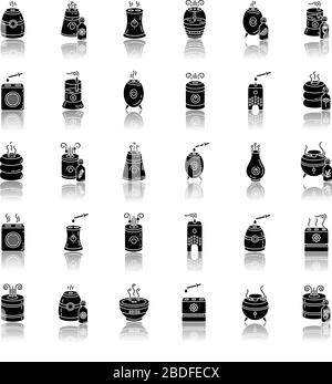 Air purifiers, diffusers drop shadow black glyph icons set. Humidity regulators, floral design air cleaner, room climate control, domestic equipment Stock Vector