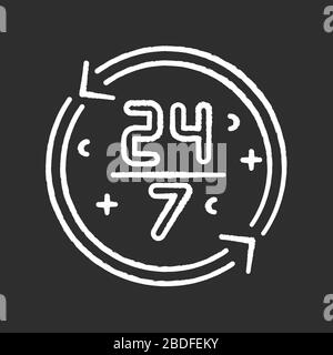 Nonstop service chalk white icon on black background. 24 7 hours store. All week open shop. All day available ATM. Around the clock work. Commerce Stock Vector