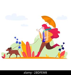 Woman walking a dog in autumn with umbrella. Stock Vector
