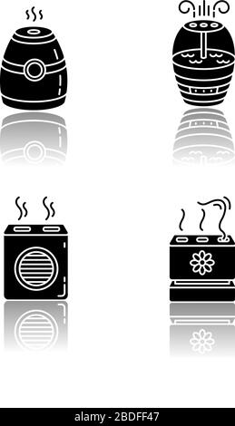 Air purifiers variety drop shadow black glyph icons set. Modern air humidifiers, climate control devices, different design humidity regulators Stock Vector