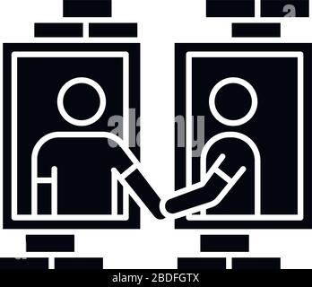 Neighbors in window frames black glyph icon. Dormitory mates. Dormmates greeting each other. People living in one apartment block. Silhouette symbol Stock Vector