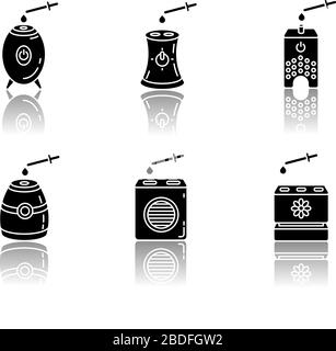 Air purifiers with oils drop shadow black glyph icons set. Climate devices, air fragrances, humidifiers, household appliances, humidity regulators Stock Vector