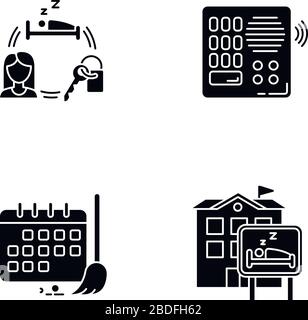 Hostel black glyph icons set on white space. Renting room for night. Intercom. Security. Sleeping accommodation. Cleaning schedule. Cleanliness Stock Vector