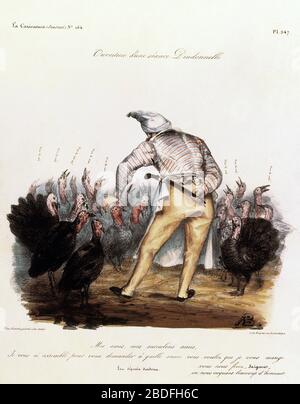 Caricature representant le roi de France Louis-Philippe (1773-1850), de dos avec un bonnet de nuit sur la tete, forcant des dindons a chanter 'Vive le Stock Photo