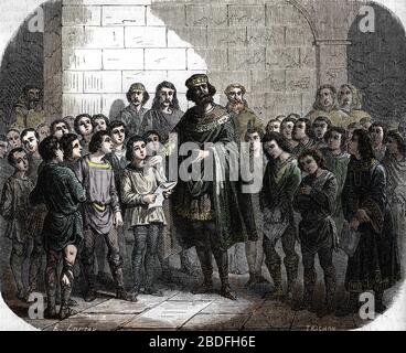 'L'empereur Charlemagne fondateur de l'ecole visite une classe' (Emperor Charlemagne visiting a school, his interest in education and learning and pat Stock Photo