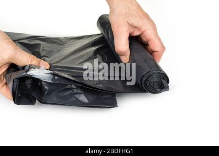 Black Drawstring Garbage Bags on a white Stock Photo