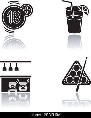 Adult recreation drop shadow black glyph icons set. Night club recreation activities. Eighteen plus number, cocktail, bar counter and billiards Stock Vector
