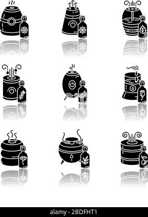Air purifiers, filters drop shadow black glyph icons set. Climate control equipment, humidifiers, household appliances, indoor humidity regulators Stock Vector