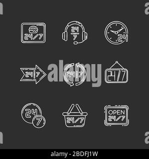 24 7 hour service chalk white icons set on black background. Twenty four seven circle sign. Around the clock working hours. Customer support and Stock Vector
