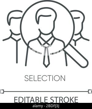 Selection pixel perfect linear icon. Thin line customizable illustration. Executive search, recruitment contour symbol. Recruits and magnifying glass Stock Vector