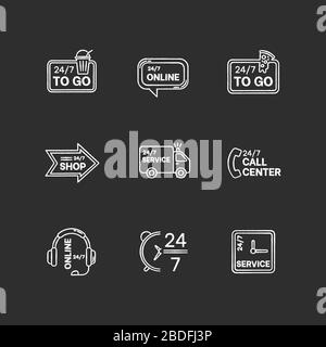 24 7 hour service chalk white icons set on black background. Online 24 hrs customer support. Everyday available delivery. Around the clock open Stock Vector