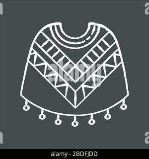Poncho chalk white icon on black background. Traditional native american people costume. Simple latino woolen wear with geometric ornament. Peruvian Stock Vector