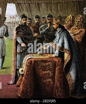 King John signing the Magna Carta in Runnymede in 1215. Comic history ...