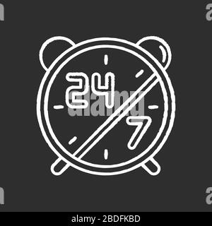 24 7 hours service chalk white icon on black background. Alarm clock for highly available center. Everyday open sign. Watch dial with numbers Stock Vector