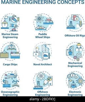 Marine engineering concept icons set. Paddle wheel ship. Offshore oil rig. Water vessel maintenance idea thin line RGB color illustrations. Vector Stock Vector