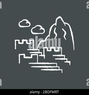 Machu picchu chalk white icon on black background. Inca citadel in mountains. Tourist attractions Cusco. Sacred Valley in Cordillera. Monument of Stock Vector