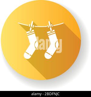 Outside drying yellow flat design long shadow glyph icon. Laundry, clothesline, outdoors clothes drying. Socks hanging on clothesline, clean clothing Stock Vector