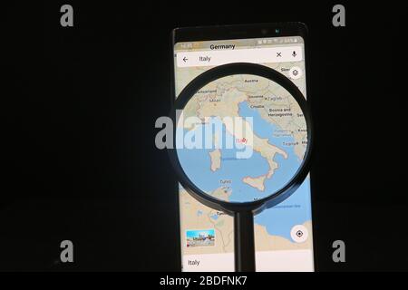 April 8th 2020. Istanbul / Turkey. Mask image in Italy and background on Google Maps Stock Photo